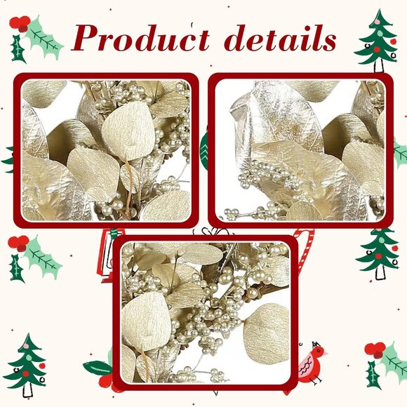 20 Inch Winter Wreath for Front Door, Winter Wreaths with Gold Eucalyptus Leaves - Picture 5 of 7